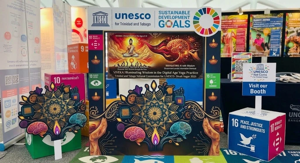VIVEKA booth display combining illuminated diya and mandala artwork, AI imagery and Sustainable Development Goals
