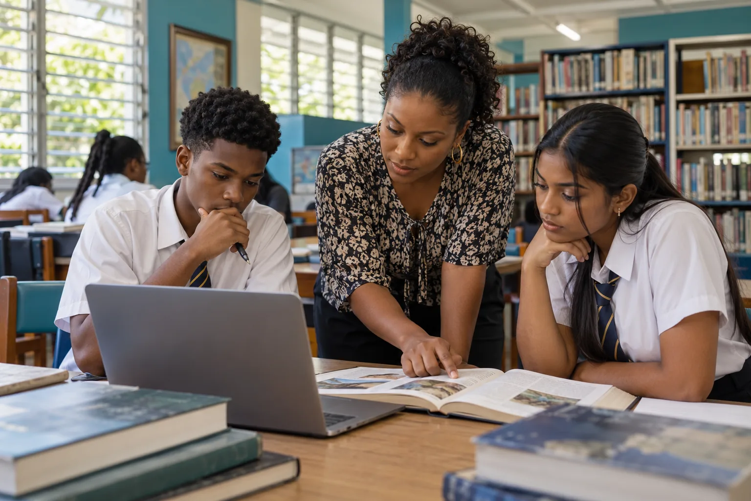 Illustrative Caribbean teacher and students comparing a laptop answer with a reference book
